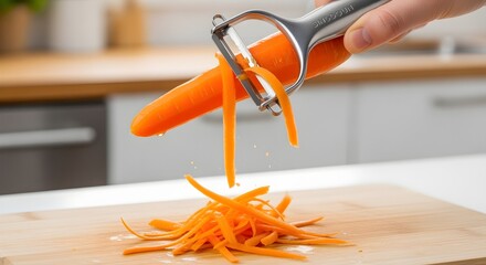 Freshly peeled carrot with vibrant orange ribbons falling onto a wooden cutting board