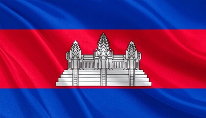 Cambodia national flag with blue-red-blue horizontal bands and white Angkor Wat temple, symbolizing heritage and national pride.