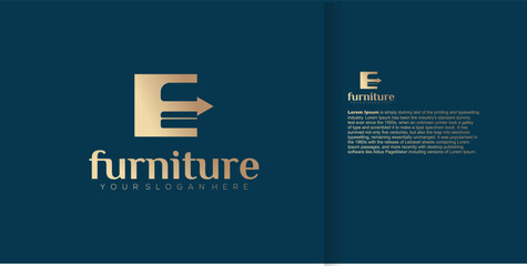 Golden furniture logo with the letter E and an arrow, set against a dark blue background.