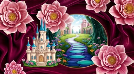 magical castle with stepping stone pathway and vibrant floral landscape for use in fantasy, fairytale, and whimsical projects