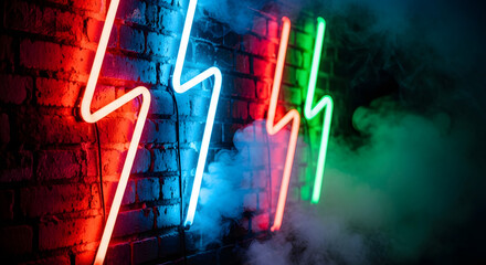 Neon Lightning Bolts on Brick Wall Vibrant Electric Sign
