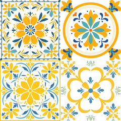Yellow blue tiles azulejo set vector illustration. Italian majolica seamless pattern for fabric and wallpaper. Mediterranean print