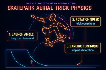 Skateboard trick physics and motion trajectory in a skatepark for youth sports content