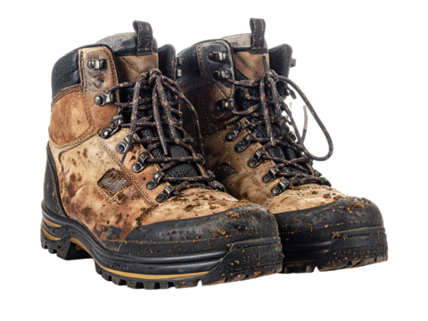 Worn muddy brown hiking boots rest together after extensive outdoor adventure, showing heavy use, textured leather, and rugged soles on white background.