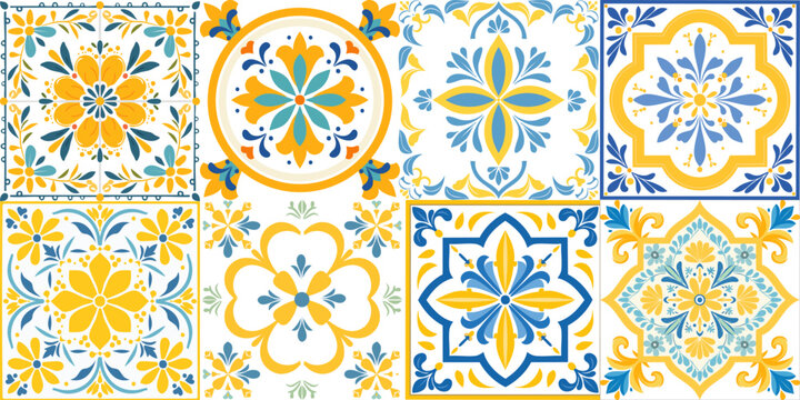 Yellow blue tiles azulejo set vector illustration. Italian majolica seamless pattern for fabric and wallpaper. Mediterranean print