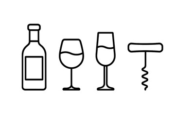 Wine and bar outline icon set. Vector collection with wine bottle, glasses, and corkscrew. Thin line art for menu, restaurant, or winery. Alcohol beverage and drink concept.