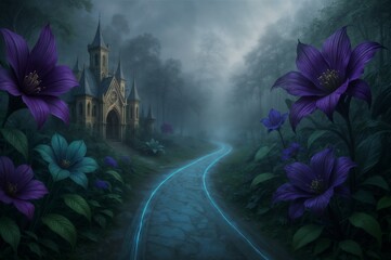glowing mystical forest path with vibrant flowers leading to distant fairy tale castle for fantasy and magical projects