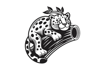 Spotted Leopard Lying on a Branch of Tree on White Background