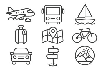 Transportation and Adventure Icon Set, Travel and Recreation Outline Style, Vector Cartoon Illustration with Transparent Background, Ordered Collection of Transport and Exploration Symbols
