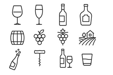 Wine and spirits line icon set. Alcohol and beverage concepts. Vector symbol collection with glass, bottle, vineyard, grapes, and barrel. Outline pictograms for bar menu design.