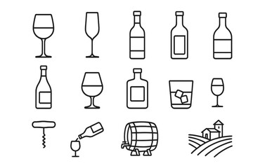 Wine and spirits line icon set. Vector collection of alcohol symbols including glass, bottle, vineyard, barrel, and corkscrew. Thin line illustration for bar menu or winery.