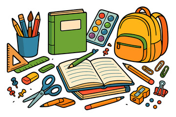 Various School Supplies and Educational Materials Set. Colorful Vector Cartoon Illustration of Books, Backpack, Pencils, Paints, Scissors, Erasers, Ruler, and Stationery for Learning and Creativity