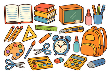 Colorful School Supplies and Educational Materials Collection, Cartoon Vector Illustration with Stationery, Books, Art Tools, Backpack, Clock, and Classroom Essentials on Transparent Background