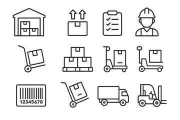 Warehouse and logistics icon set, storage and equipment management line icons, transport and packaging symbols, delivery, inventory, handling tools and barcode vector cartoon illustration