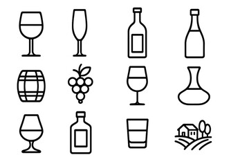 Wine and Spirits Line Icon Set, Elegant Glasses, Bottles, Vineyard Symbols Collection, Vector Cartoon Illustration with Transparent Background, Organized Set
