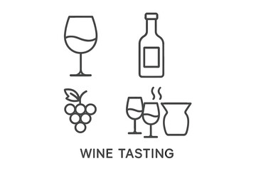 Wine tasting outline icon set, minimalist elegant beverage collection, vector cartoon illustration, transparent background, grapes, glasses, wine bottle, pouring jug, ordered icons