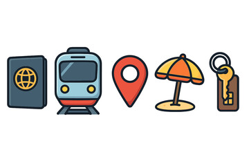 Travel essentials icon set for vacation planning. Vector illustration of a passport, train, location pin, beach umbrella, and hotel key. Tourism, journey, and holiday concept.