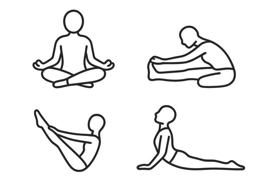 Yoga pose outline icon set, meditation, fitness, relaxation, mindfulness, wellness, calmness in line art style, vector cartoon illustration, transparent background, ordered set 3 - Powered by Adobe