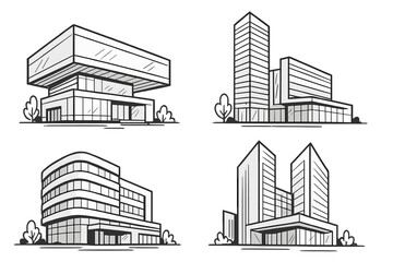Obraz premium Collection of modern architectural sketches. Vector line art icons of corporate office buildings. Business center, skyscraper, and real estate property exterior illustrations set.