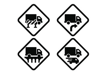 Truck Road Icons Grid, Solid Filled Vector Set of Truck Road Condition Signs Including Construction Zone, Right Curve, Bridge, and Speed Warning Symbols for Transport Safety