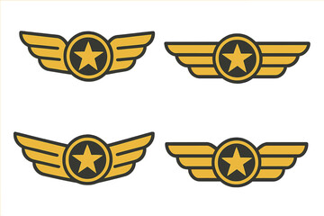 Military Wings with Star Icon, Army Badge Symbol, Aviation Emblem Collection, Vector Cartoon Illustration, Transparent Background Stock Graphic for Defense and Aviation Design
