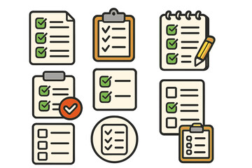 Checklist and to-do list icon set for task management. Vector cartoon illustration of clipboard, planner, and survey icons. Productivity, organization, project management concept.