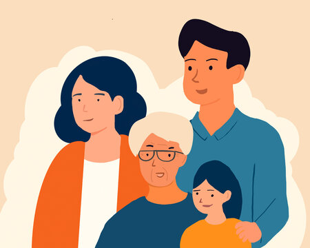 Family illustration portrait with parents daughter and grandmother together