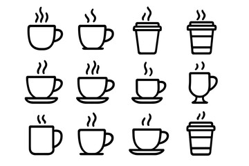 Coffee cup line icon set. Collection of hot drink & beverage symbols. Vector illustration of mug, espresso, latte and takeaway paper cup for cafe menu and logo design element.