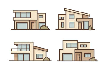 Modern and Contemporary House Designs Vector Set, Minimalist Architectural Illustration, Cartoon Style Residential Homes with Transparent Background, Real Estate and Building Concepts