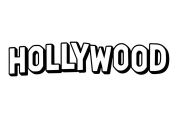 Hollywood lettering vector banner. Famous landmark sign typography. Tourism in Los Angeles, California. Movie, film, cinema industry concept. Black and white cartoon illustration.