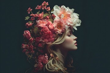 Surreal Emotional Portrait of a Woman with Blooming Flowers
