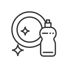 A plate two starbursts and a soap bottle are depicted with black outlines on a white background. Editable stroke. Icon vector illustration