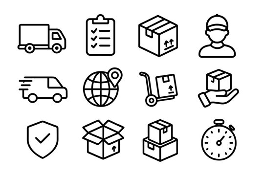 Logistics and delivery service line icon set. Transport, shipping, and courier outline icons. Vector collection for cargo, express delivery, package tracking, and e-commerce.