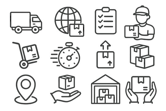 Logistics and delivery line icon set. Transport, shipping, courier outline collection. Cargo freight, fast delivery, worldwide shipping, order tracking vector symbols.