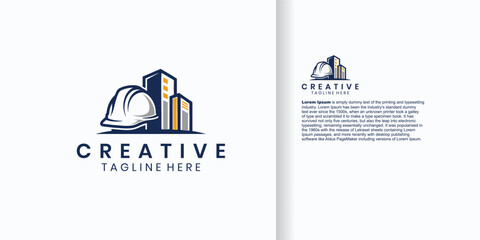Construction logo design featuring a hard hat and buildings, representing the construction industry.