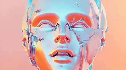 Futuristic metallic female android head bust reflecting warm light - Powered by Adobe