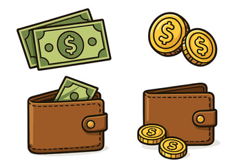 Financial transactions concept illustration with currency notes, coins, and wallets on a plain background. Vector cartoon style money, cash, and finance icons for business and finance.