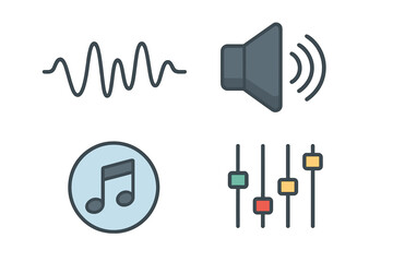 Visual representations of sound waves, audio elements, music notes, volume control, and audio mixing sliders in minimalist vector cartoon style for music enthusiasts and audio professionals
