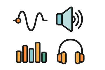 Minimalist vector illustrations of sound waves, audio signals, volume bars, and headphones in cartoon style, perfect for music enthusiasts, audio professionals, and sound technology design