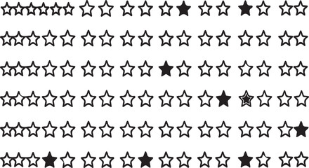 Collection of outline stars and solid stars arranged in rows for design and decoration vector