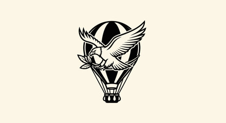 Vintage bird with olive branch flying above hot air balloon.