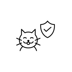 Verified pet safety, certified products and services. Cat, shield and checkmark. Pixel perfect, editable stroke vector icon