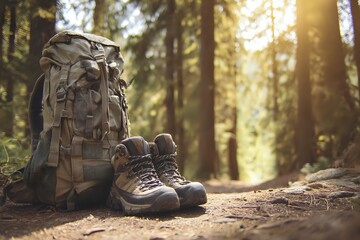 Backpack and Hiking Boots Near Trail Entrance