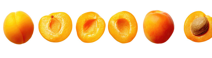 Slices of Apricots against a black background.  Multiple halves of ripe apricots displayed in a horizontal row, showing the interior flesh and pit.  The fruit is a vibrant orange-yellow. 