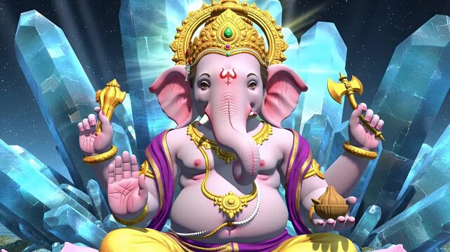 Majestic 3D rendering of Lord Ganesha adorned with jewels, seated amidst glowing crystals.