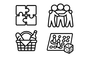 Outline Team Building Icons Set Including Group Rewards, Puzzle Pieces, Team Huddle, Picnic Basket, and Board Game Elements, Cartoon Vector Illustration for Corporate and Social Activities