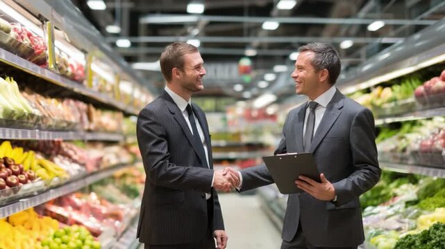 Business Deal in Grocery Store: Two well-dressed individuals finalize a deal amidst the vibrant display of produce in a modern grocery store. This image encapsulates partnership and healthy living.