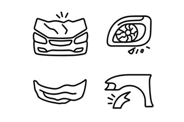Traffic accident icons outline set of car crash debris, crumpled hood, broken headlight, twisted bumper piece, vector cartoon illustration for auto collision damage and car wreck repair