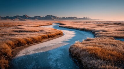 Peaceful sunrise reflecting on the partially frozen river with frosty trees and banks in the snowy Winter landscape of North America