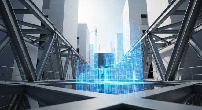 Futuristic Cityscape with Digital Hologram in Modern Urban Environment